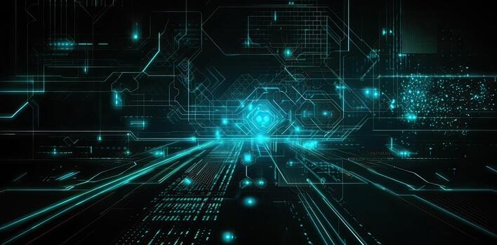 modern-technology-circle-background-or-abstract-image-in-the-style-of-rtx-on-blueprint-circuitry-lens-flare-light-navy-and-sky-blue-illustration-generative-ai-photo